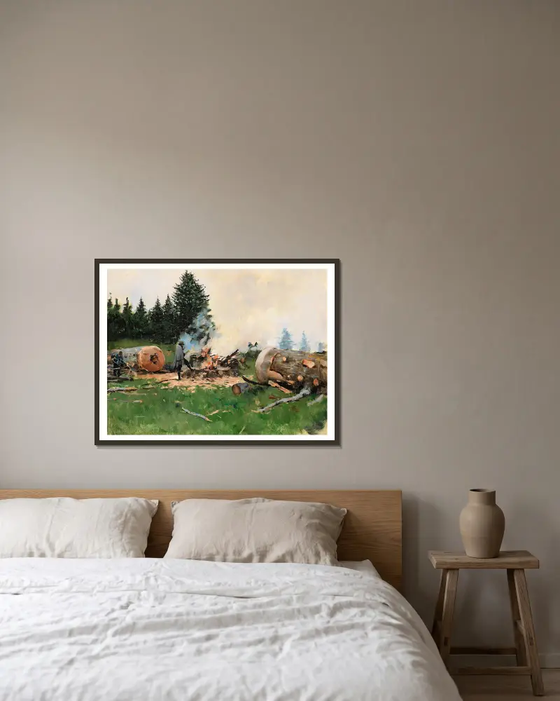 Vedhuggare i en bergsby av Jean Béraud inramad på en vägg