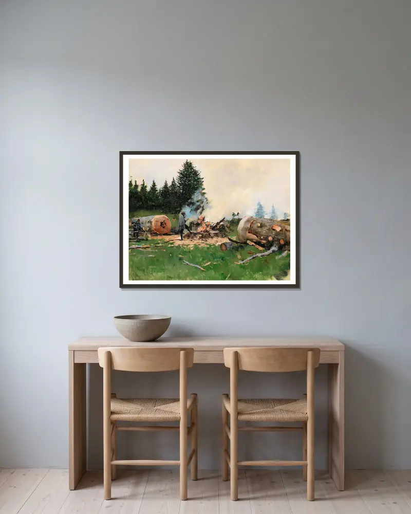 Vedhuggare i en bergsby av Jean Béraud inramad på en vägg