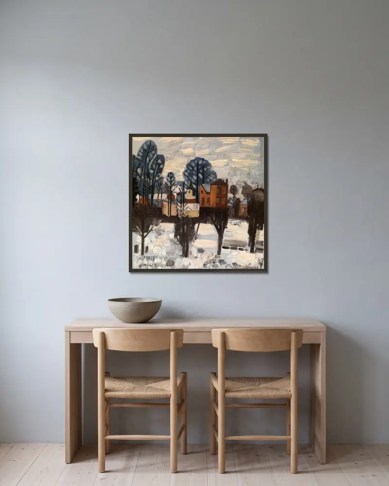 Snowy Landscape av Jean Brusselmans inramad på en vägg
