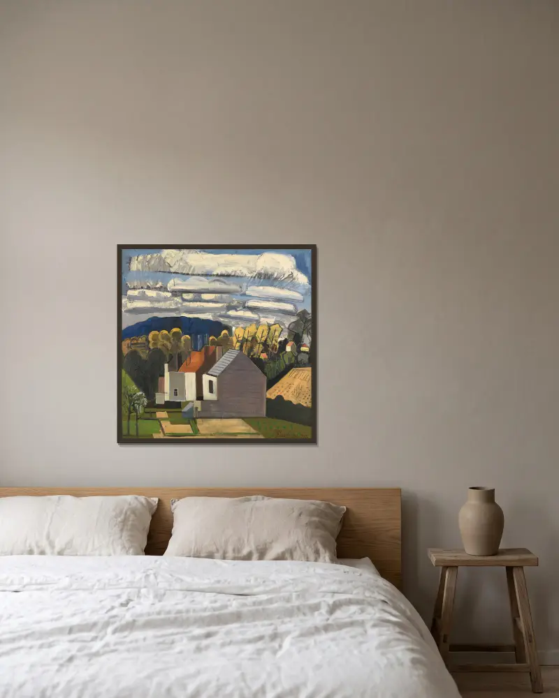 Sunny Landscape av Jean Brusselmans inramad på en vägg