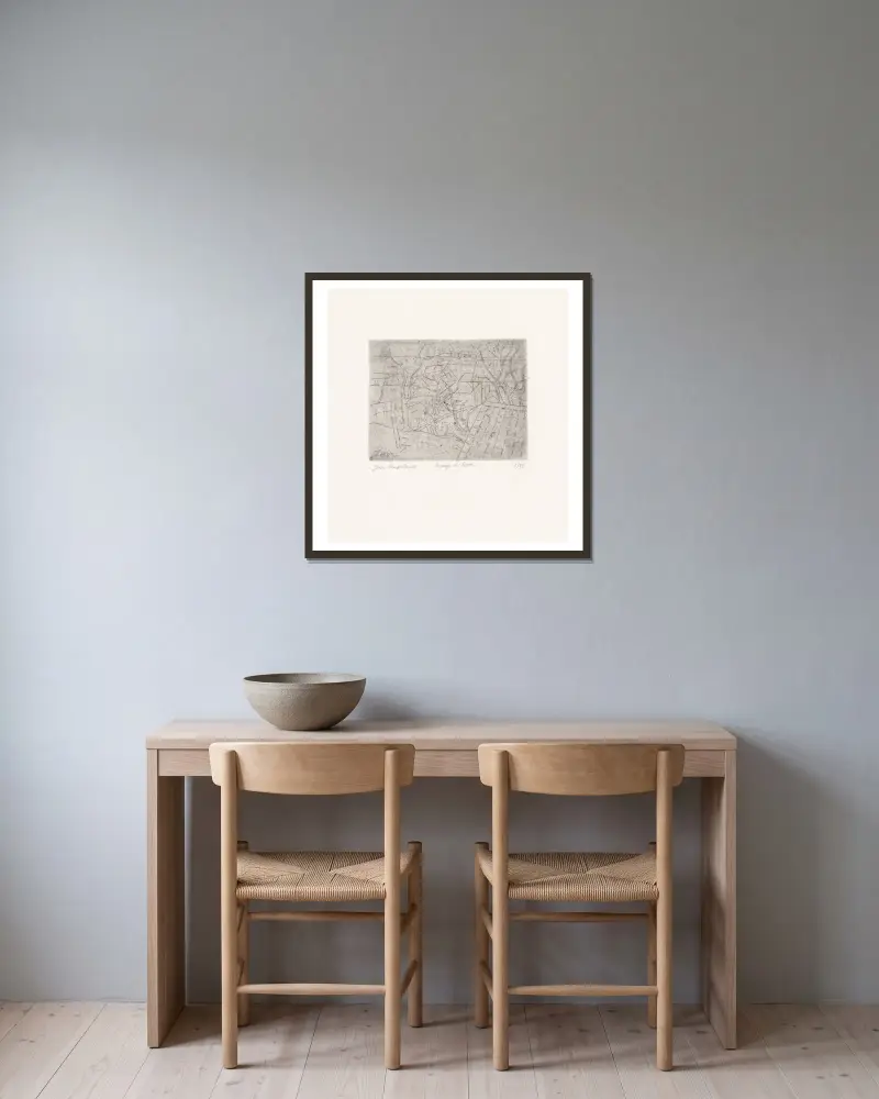 Winterlandschaft von Jean Brusselmans gerahmt an einer Wand