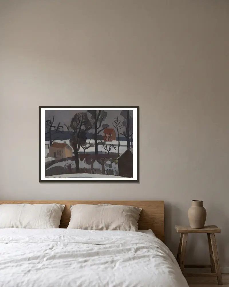 Winterlandschaft (Schneelandschaft) von Jean Brusselmans gerahmt an einer Wand