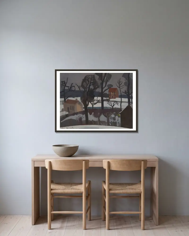 Winterlandschaft (Schneelandschaft) von Jean Brusselmans gerahmt an einer Wand