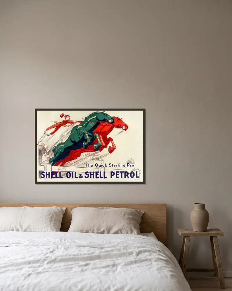 The Quick-starting pair Shell oil and Shell petrol av Jean d'Ylen inramad på en vägg