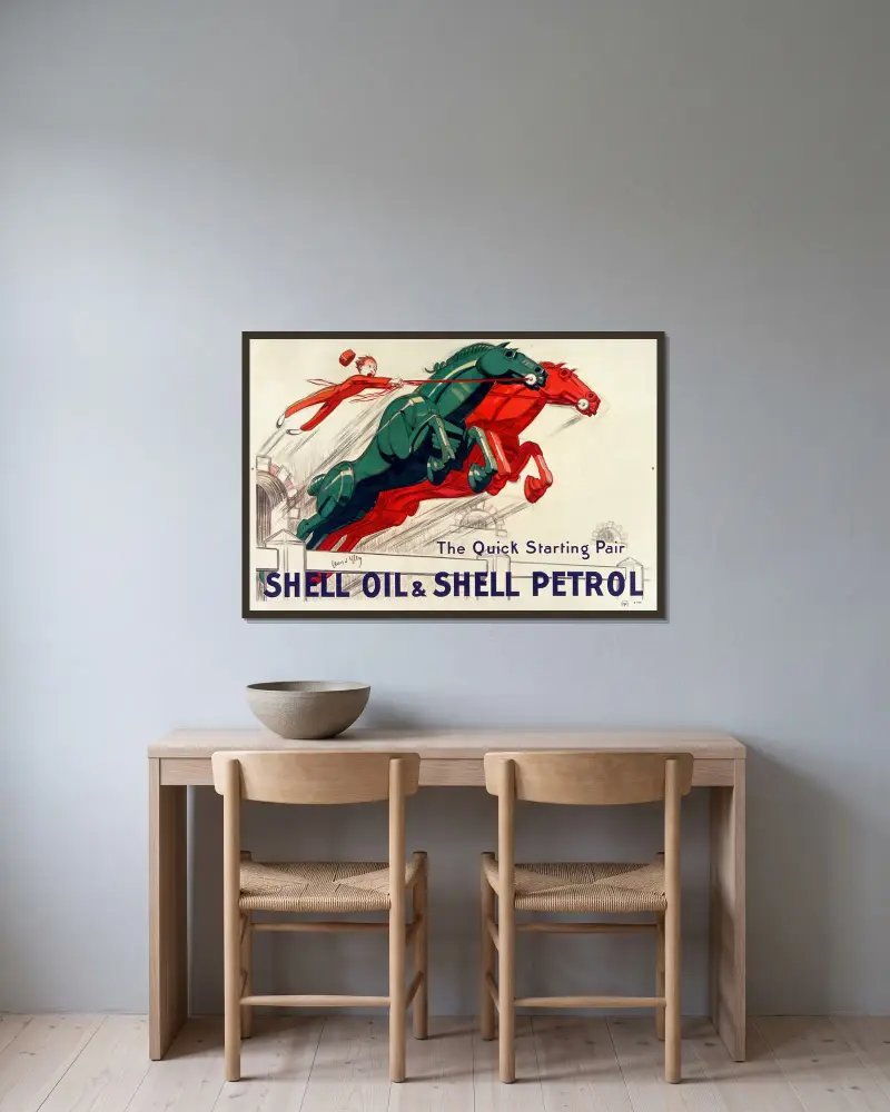 The Quick-starting pair Shell oil and Shell petrol av Jean d'Ylen inramad på en vägg