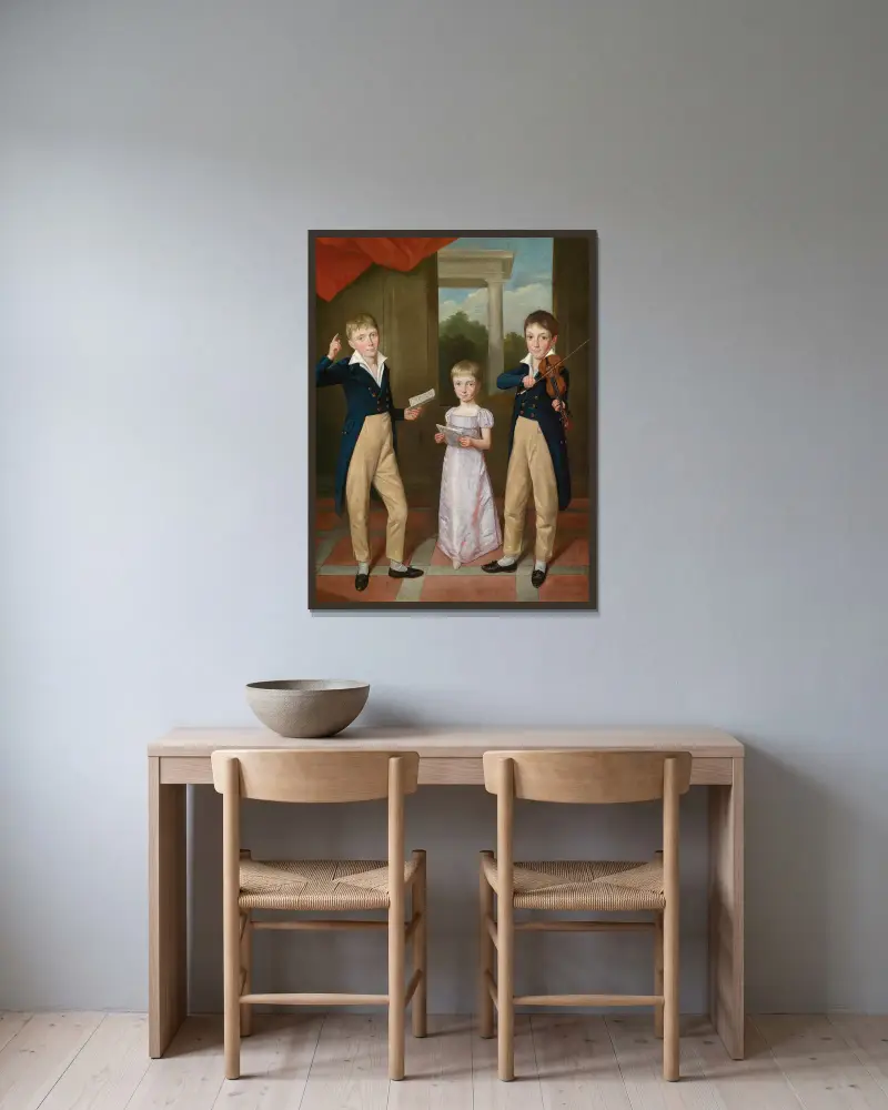 Tre barn i en huskonsert av Antoine-Jean Gros inramad på en vägg