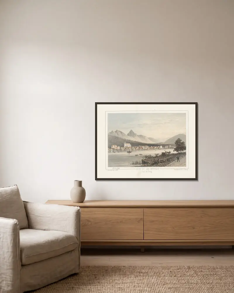 Arth und die Mythen am Zugersee von Jean Jacottet gerahmt an einer Wand