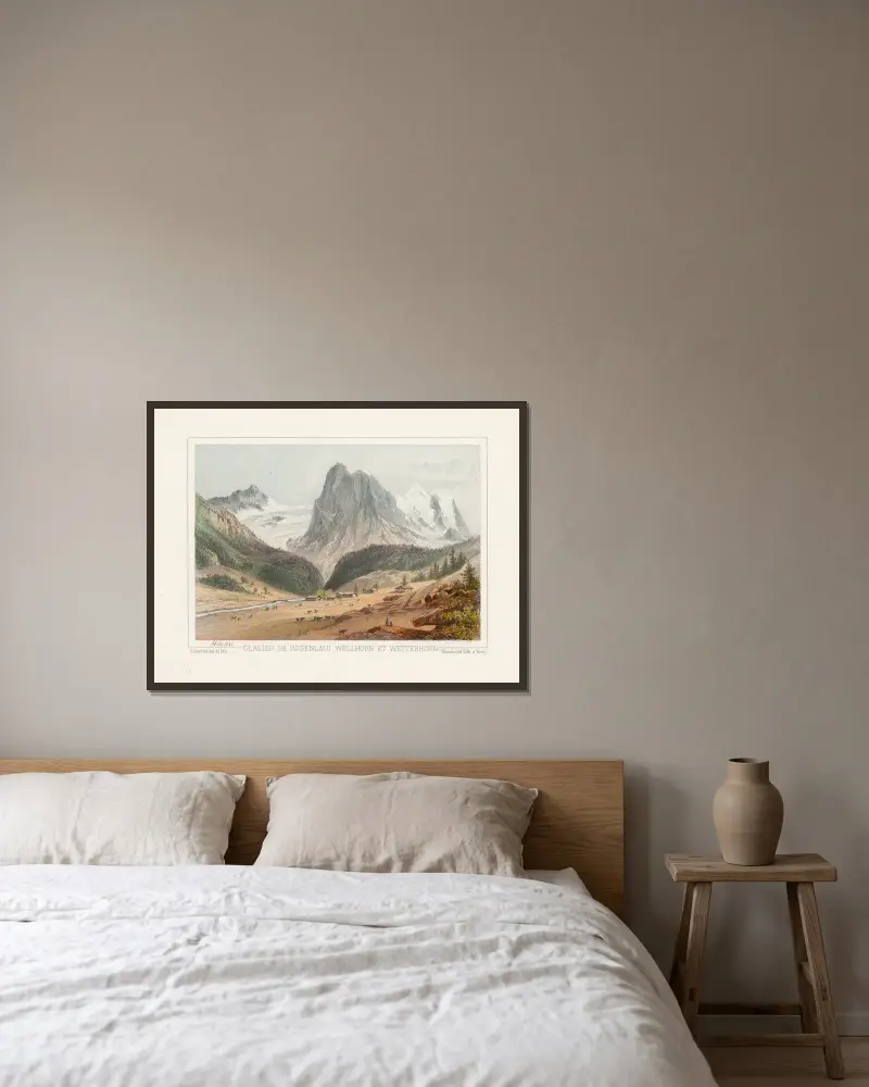 Rosenlaugletscher, Wellhorn und Wetterhorn von Jean Jacottet gerahmt an einer Wand