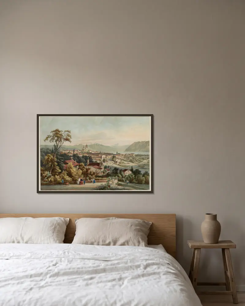 Blick auf Lausanne von Jean Jacottet gerahmt an einer Wand