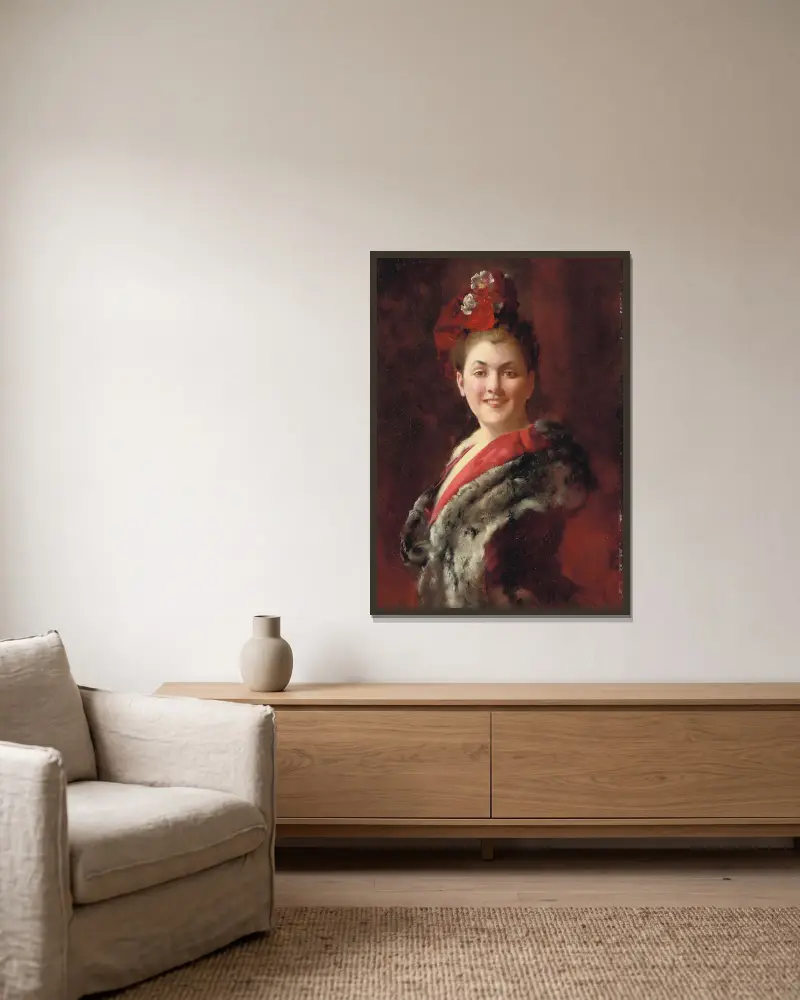 En dam i pälskantad kappa av Gustave Jean Jacquet inramad på en vägg