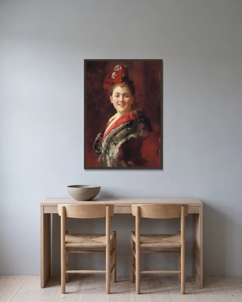 En dam i pälskantad kappa av Gustave Jean Jacquet inramad på en vägg