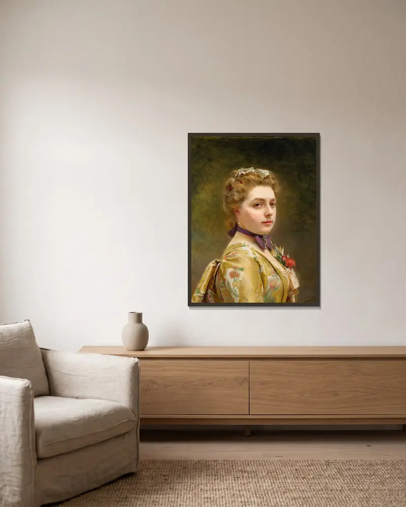 Dame in goldenem Kleid von Gustave Jean Jacquet gerahmt an einer Wand