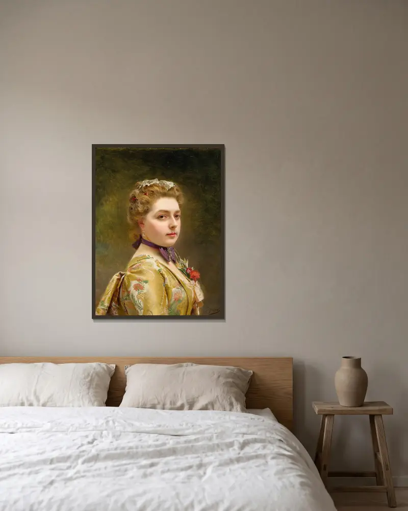 Dame in goldenem Kleid von Gustave Jean Jacquet gerahmt an einer Wand