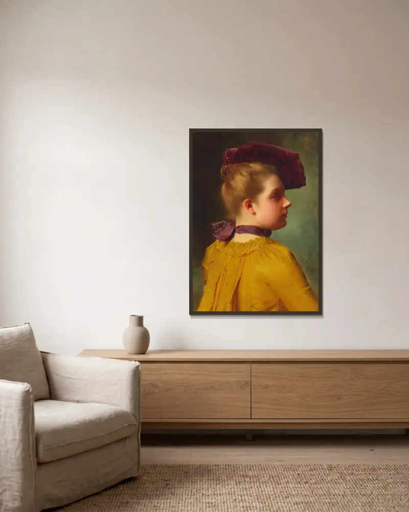 Porträtt av en dam i plommonfärgad hatt av Gustave Jean Jacquet inramad på en vägg