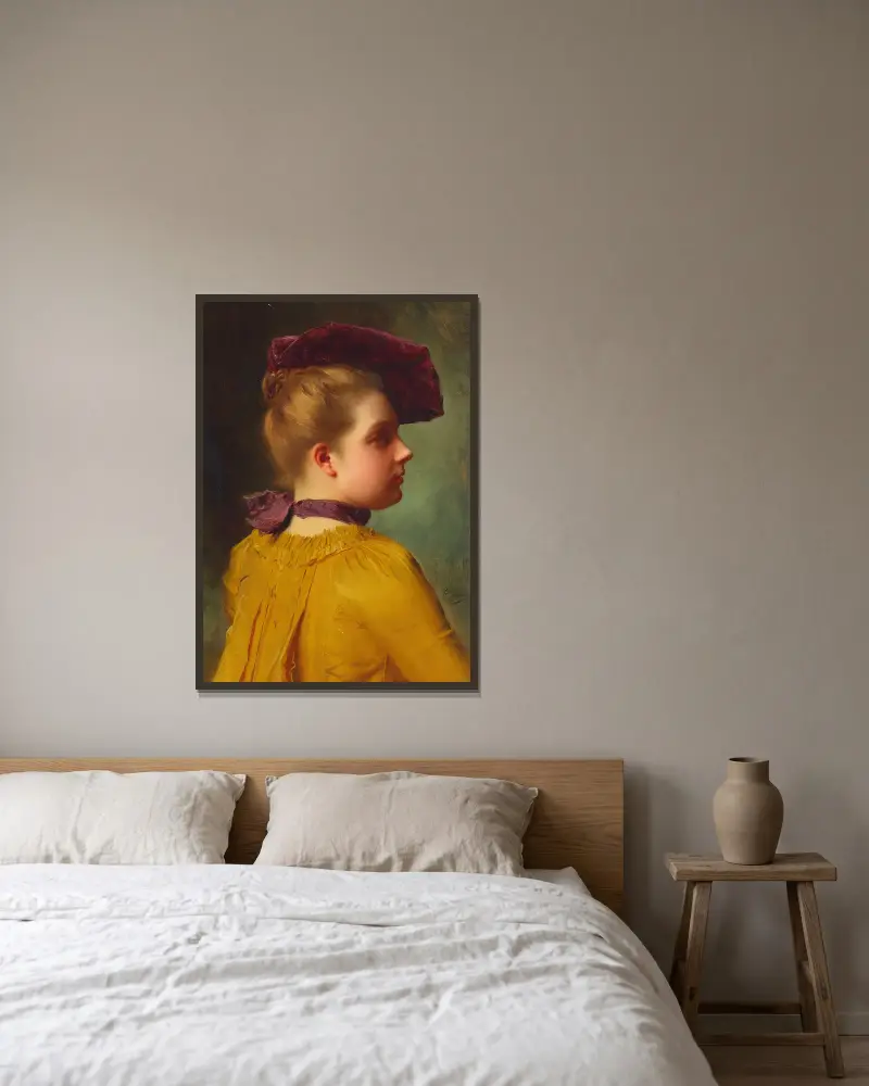 Porträtt av en dam i plommonfärgad hatt av Gustave Jean Jacquet inramad på en vägg