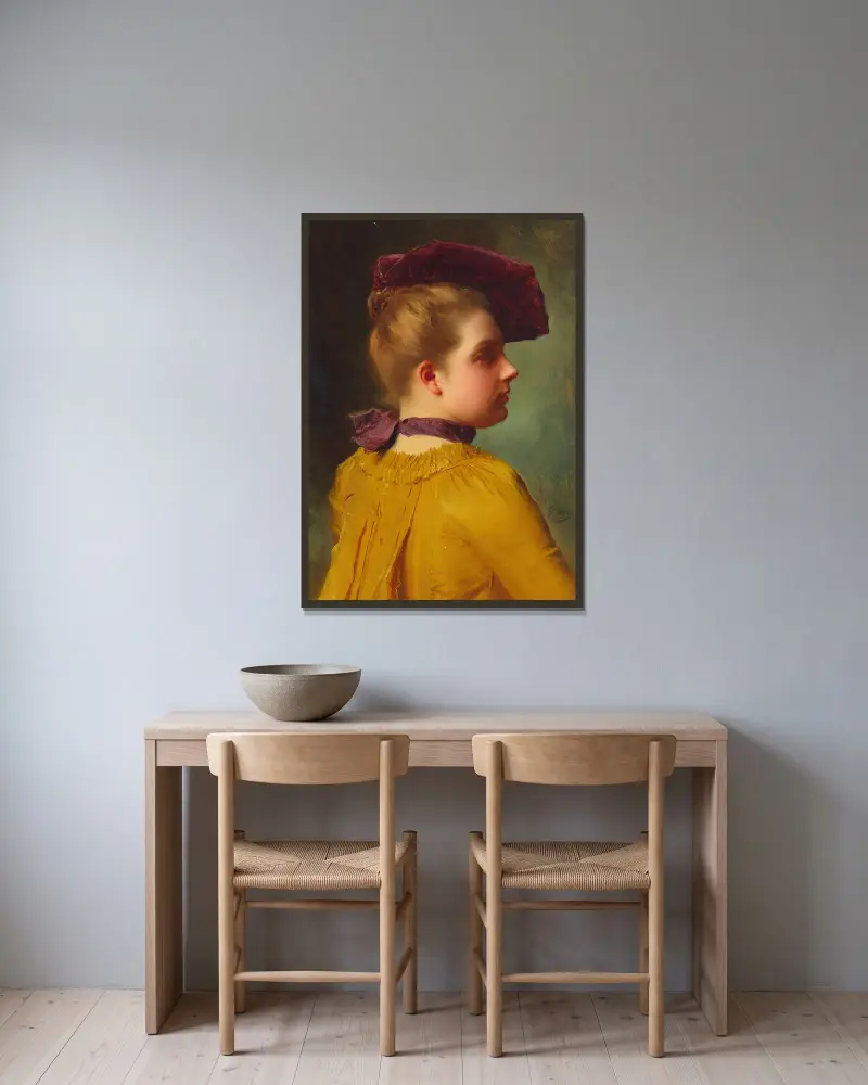 Porträtt av en dam i plommonfärgad hatt av Gustave Jean Jacquet inramad på en vägg