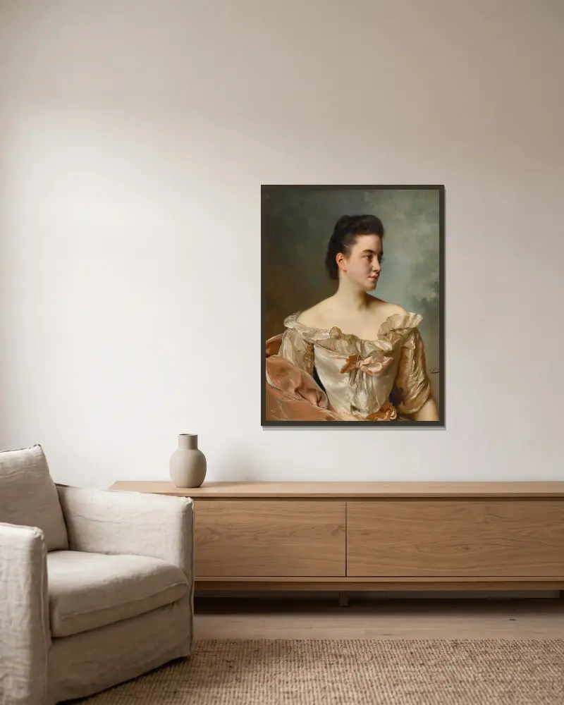 Porträtt av en dam i rosa av Gustave Jean Jacquet inramad på en vägg
