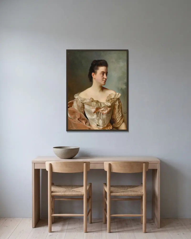 Porträtt av en dam i rosa av Gustave Jean Jacquet inramad på en vägg