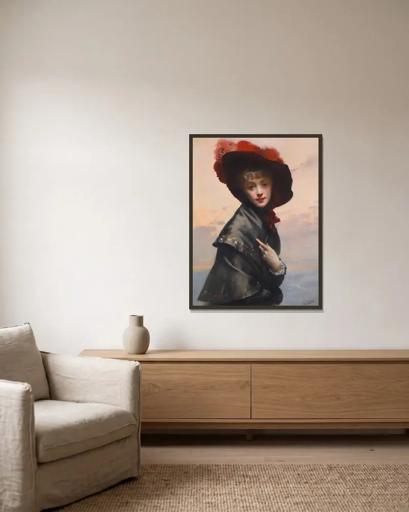 Dame mit Hut von Gustave Jean Jacquet gerahmt an einer Wand