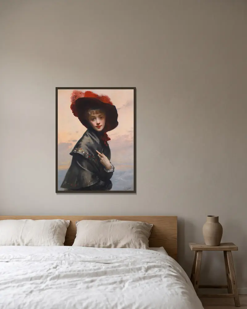 Dame mit Hut von Gustave Jean Jacquet gerahmt an einer Wand