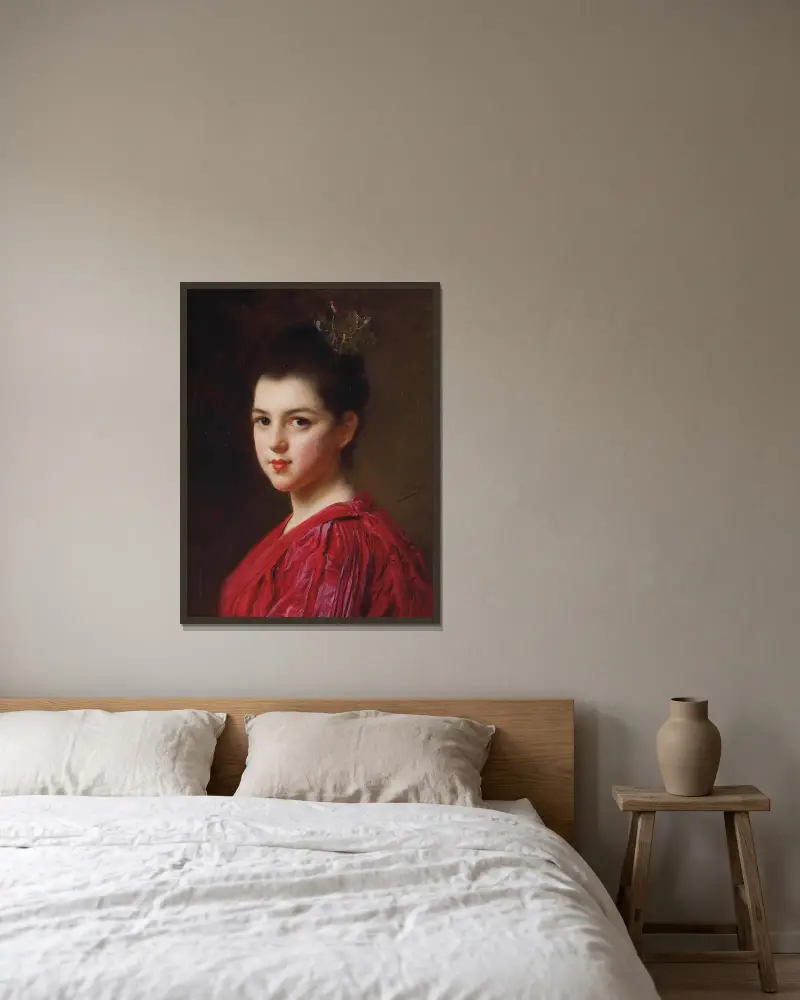 Kvinna i röd klänning av Gustave Jean Jacquet inramad på en vägg