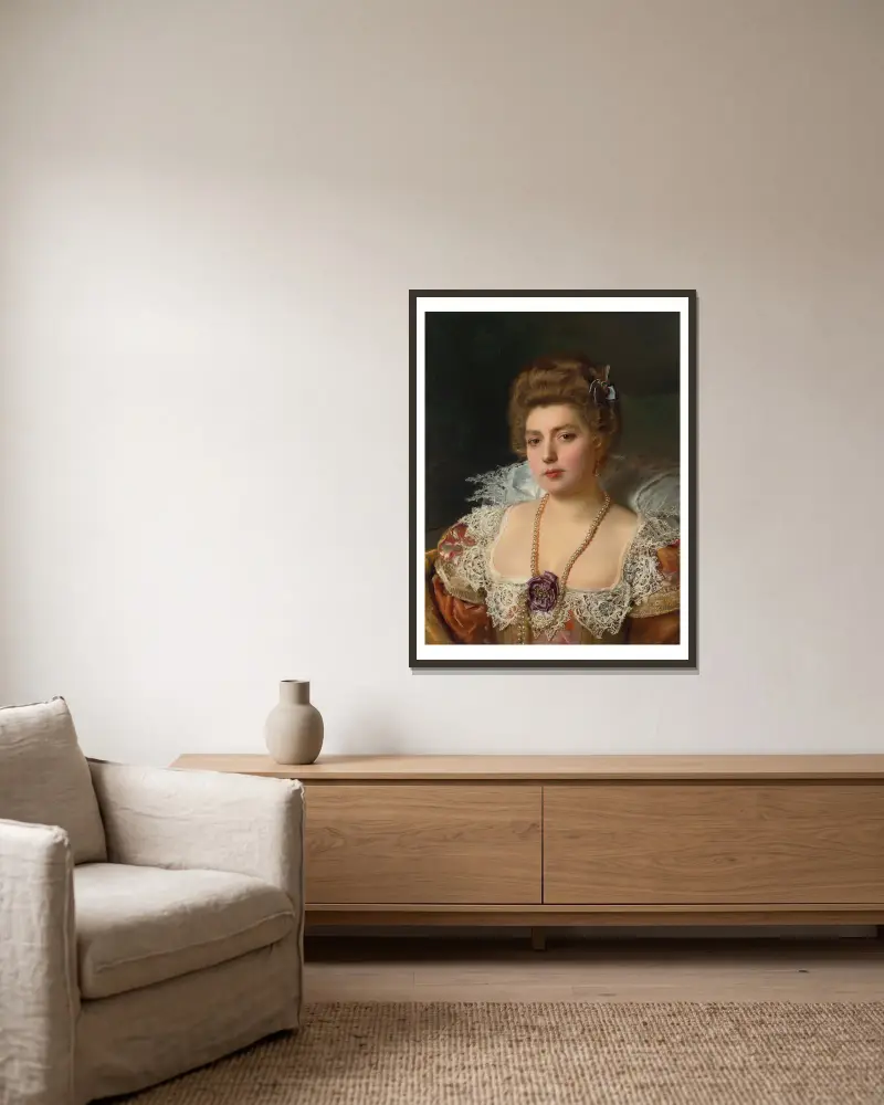 Bildnis einer Frau mit Perlen von Gustave Jean Jacquet gerahmt an einer Wand