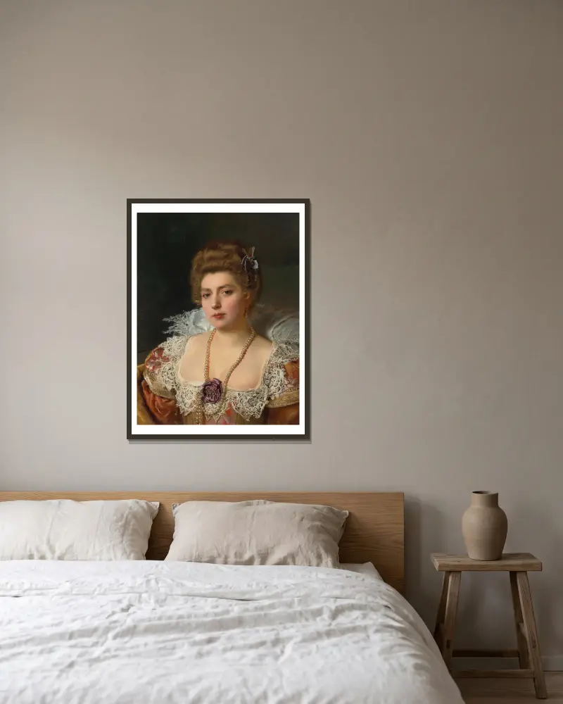 Bildnis einer Frau mit Perlen von Gustave Jean Jacquet gerahmt an einer Wand