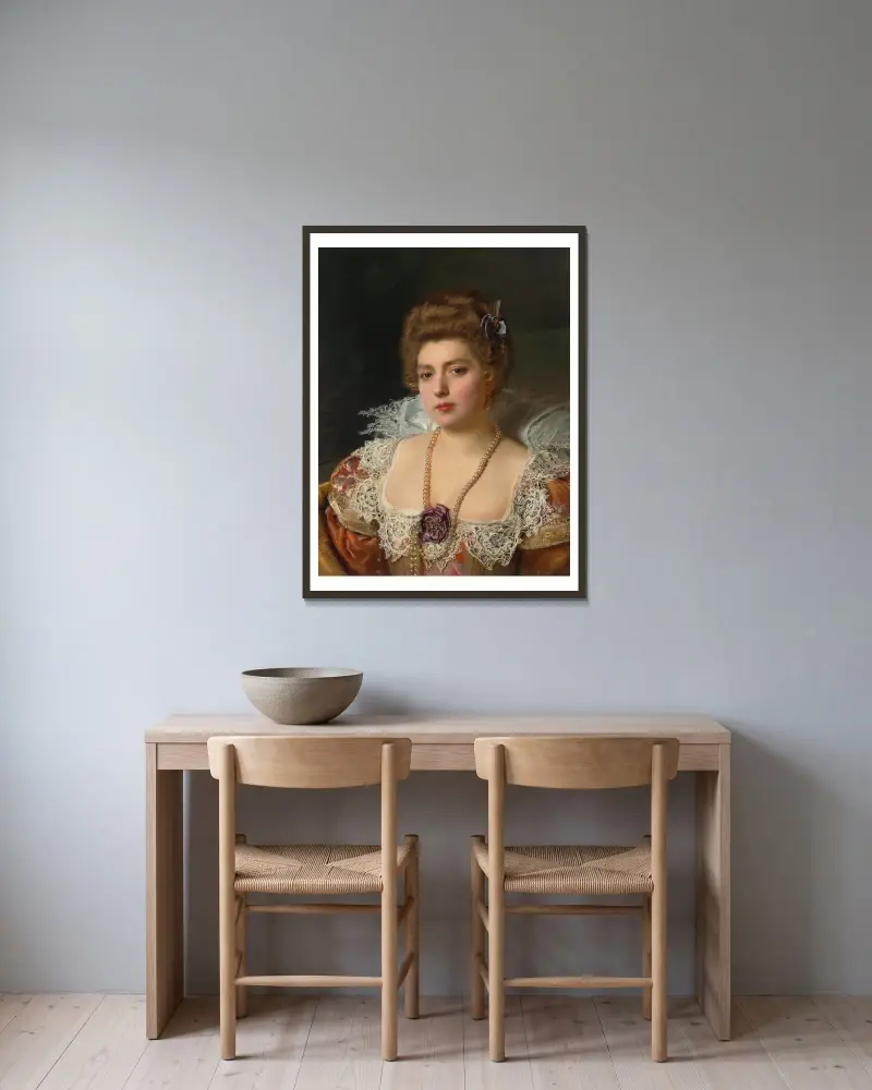 Bildnis einer Frau mit Perlen von Gustave Jean Jacquet gerahmt an einer Wand