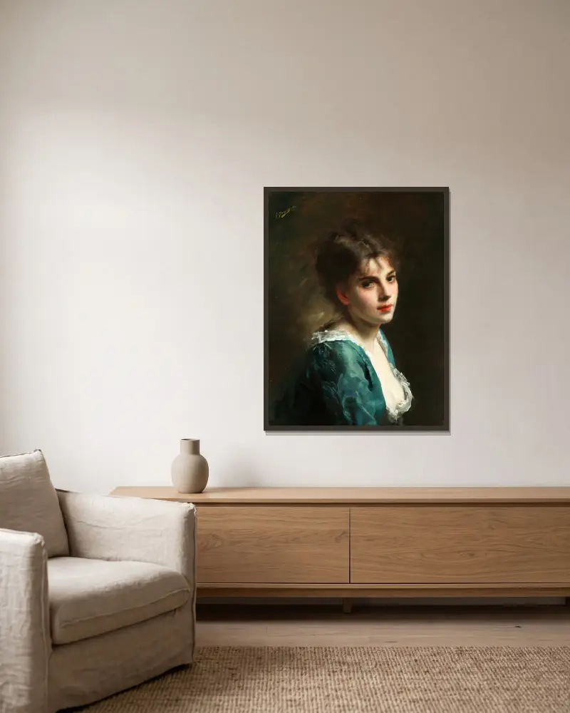 Porträtt av en ung skönhet av Gustave Jean Jacquet inramad på en vägg