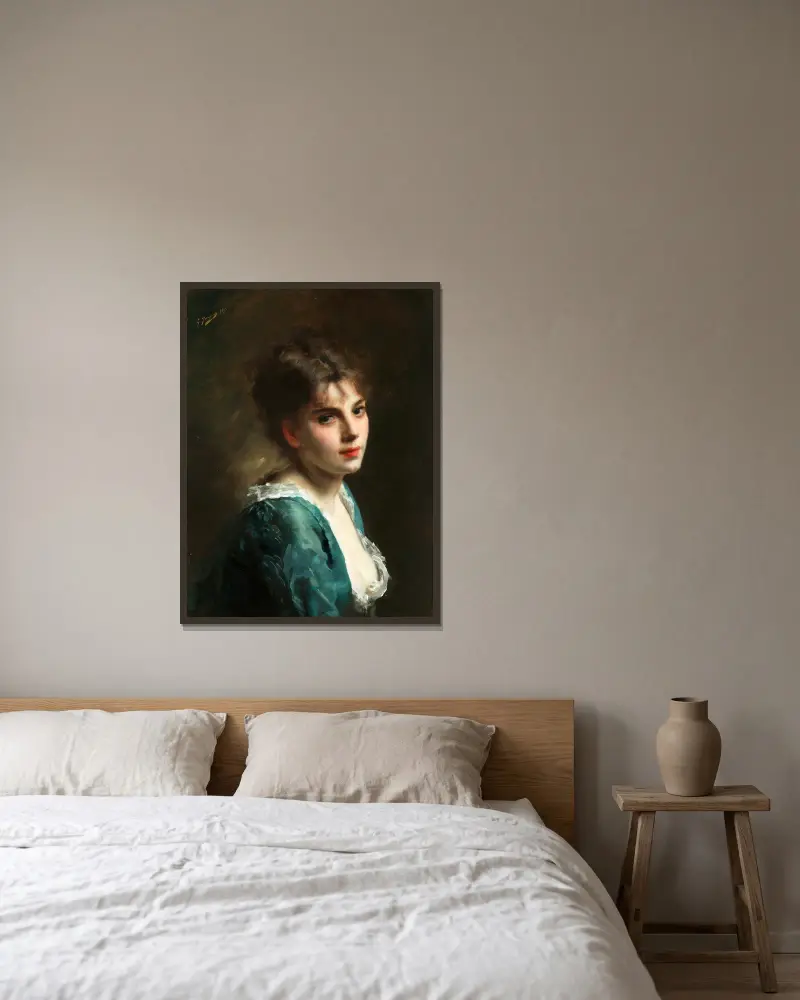 Porträtt av en ung skönhet av Gustave Jean Jacquet inramad på en vägg