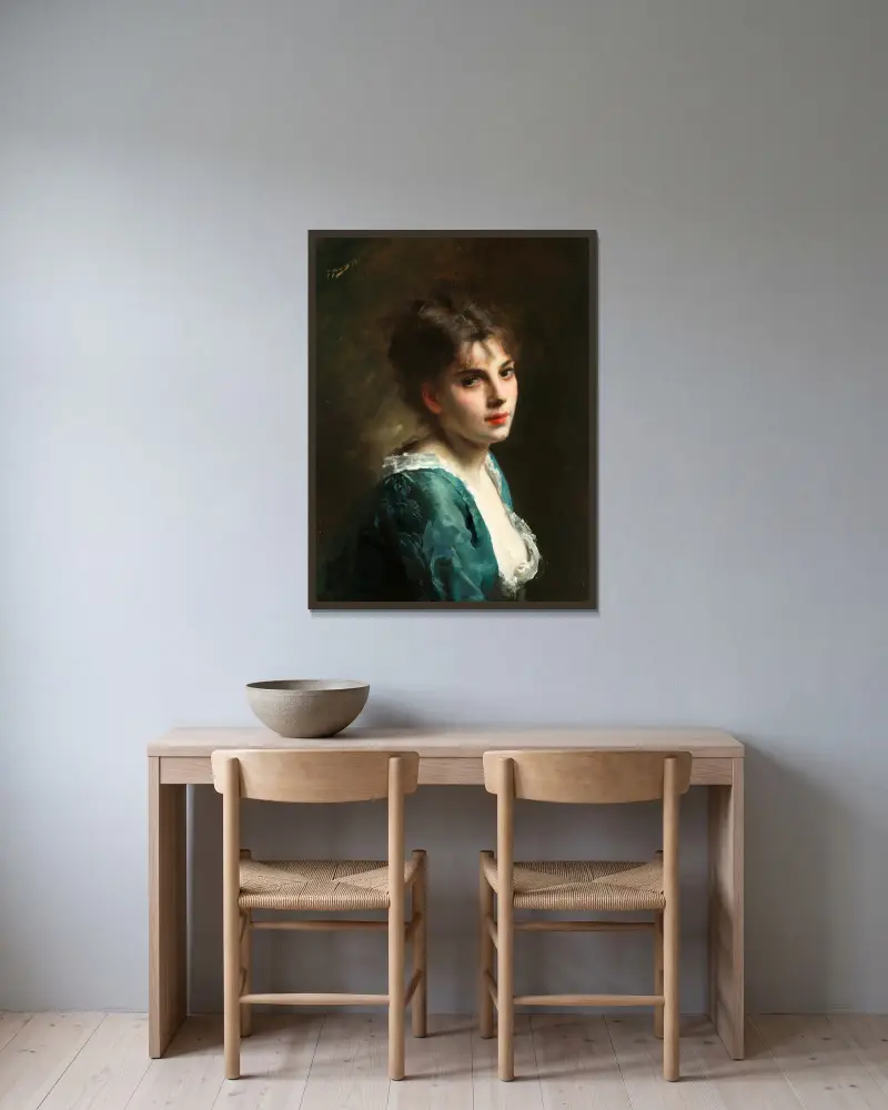 Porträtt av en ung skönhet av Gustave Jean Jacquet inramad på en vägg