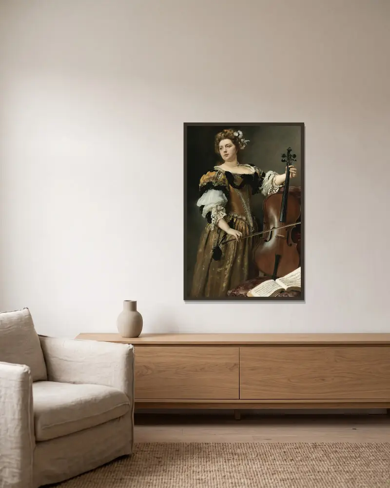 Cellista, Gustave Jean Jacquet v rámu na stěně