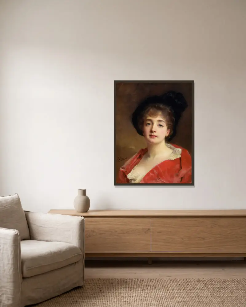 Woman In Red av Gustave Jean Jacquet inramad på en vägg