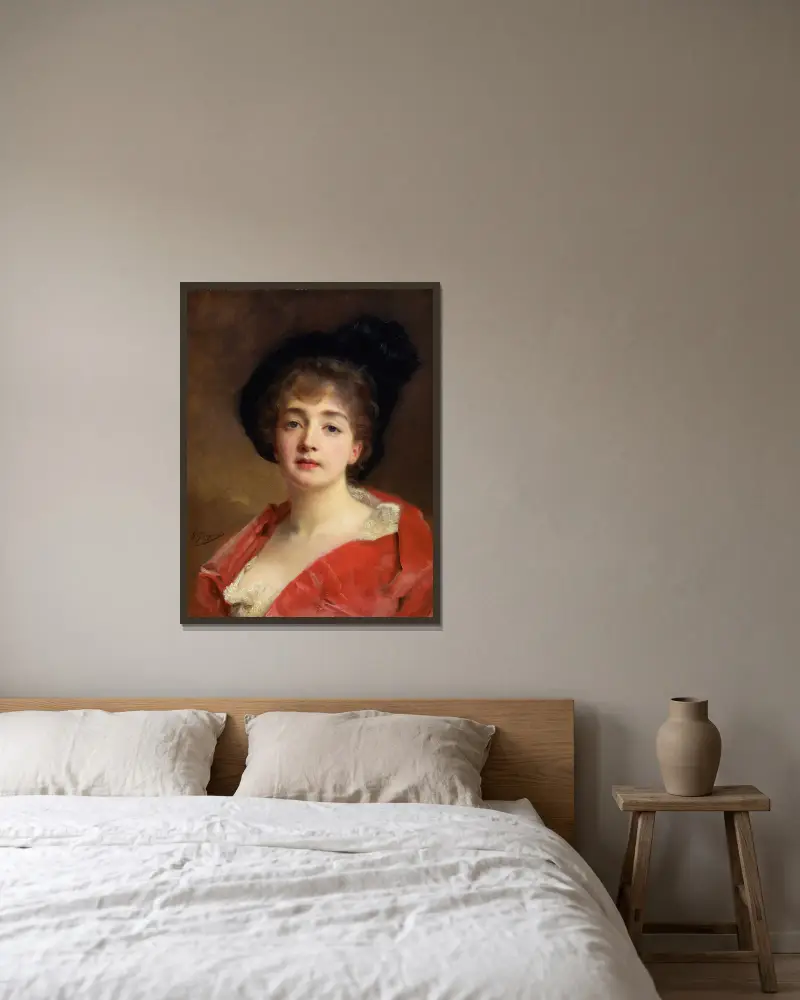 Woman In Red av Gustave Jean Jacquet inramad på en vägg