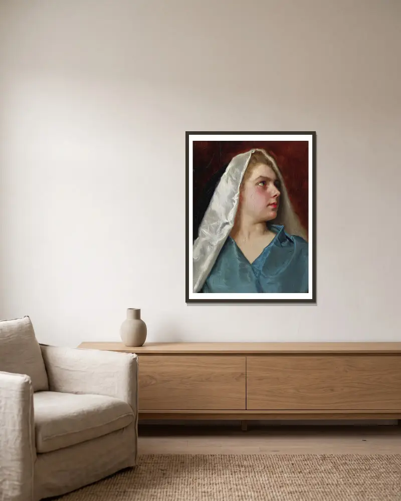 Kvinna med mantel av Gustave Jean Jacquet inramad på en vägg