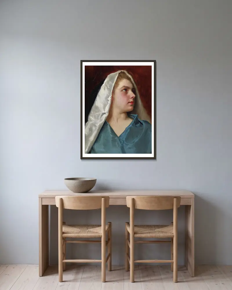 Kvinna med mantel av Gustave Jean Jacquet inramad på en vägg
