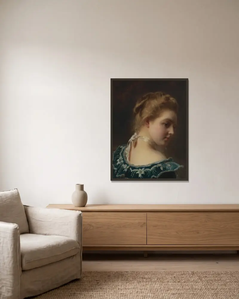 Schöne junge Frau in grünem Kleid von Gustave Jean Jacquet gerahmt an einer Wand