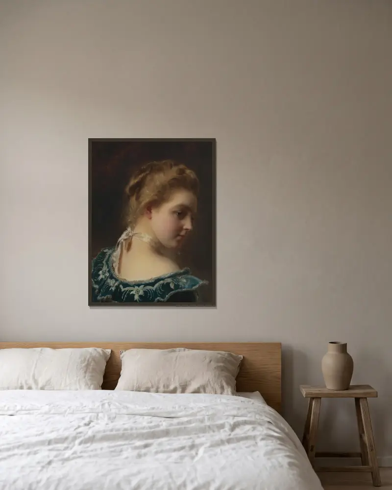 Schöne junge Frau in grünem Kleid von Gustave Jean Jacquet gerahmt an einer Wand