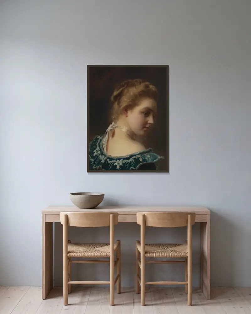 Schöne junge Frau in grünem Kleid von Gustave Jean Jacquet gerahmt an einer Wand
