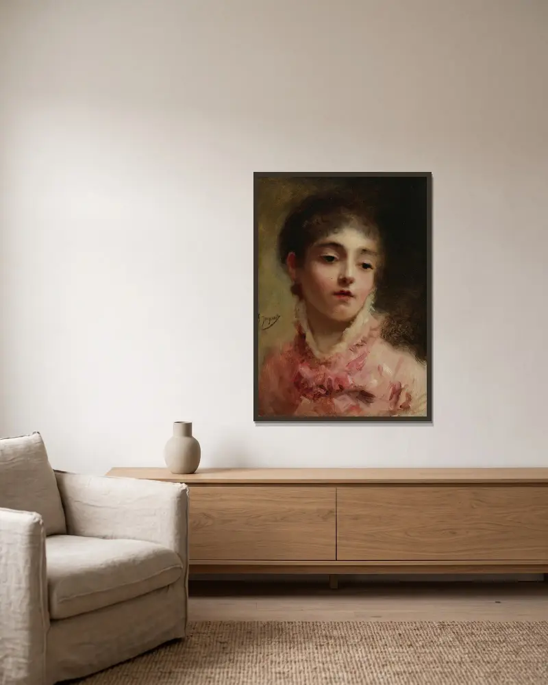 Ung kvinna i rosa klänning av Gustave Jean Jacquet inramad på en vägg