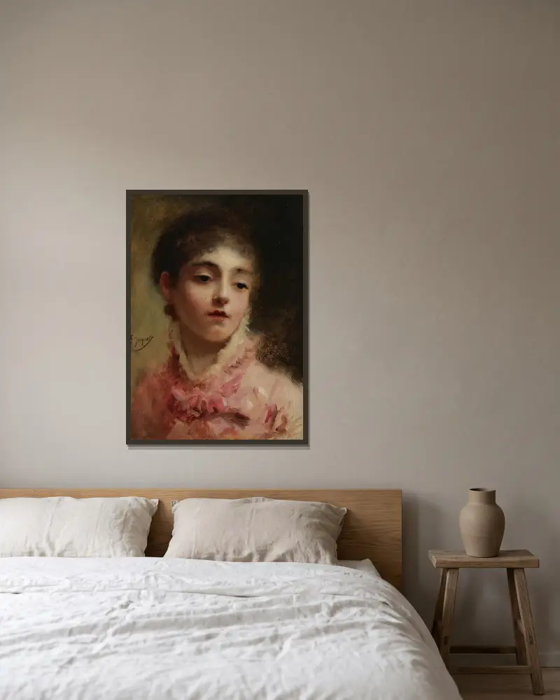 Ung kvinna i rosa klänning av Gustave Jean Jacquet inramad på en vägg