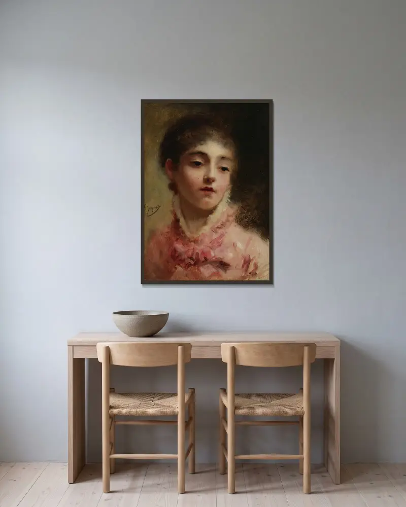 Ung kvinna i rosa klänning av Gustave Jean Jacquet inramad på en vägg