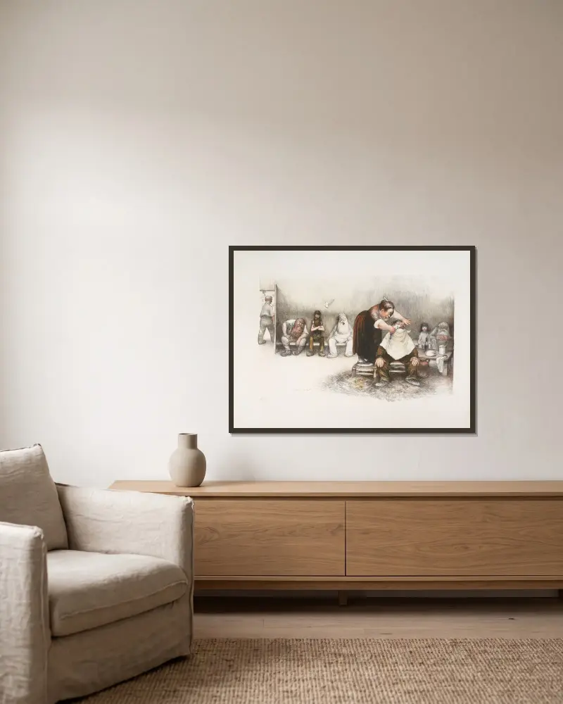 Die Barbierstube von Jean Veber gerahmt an einer Wand