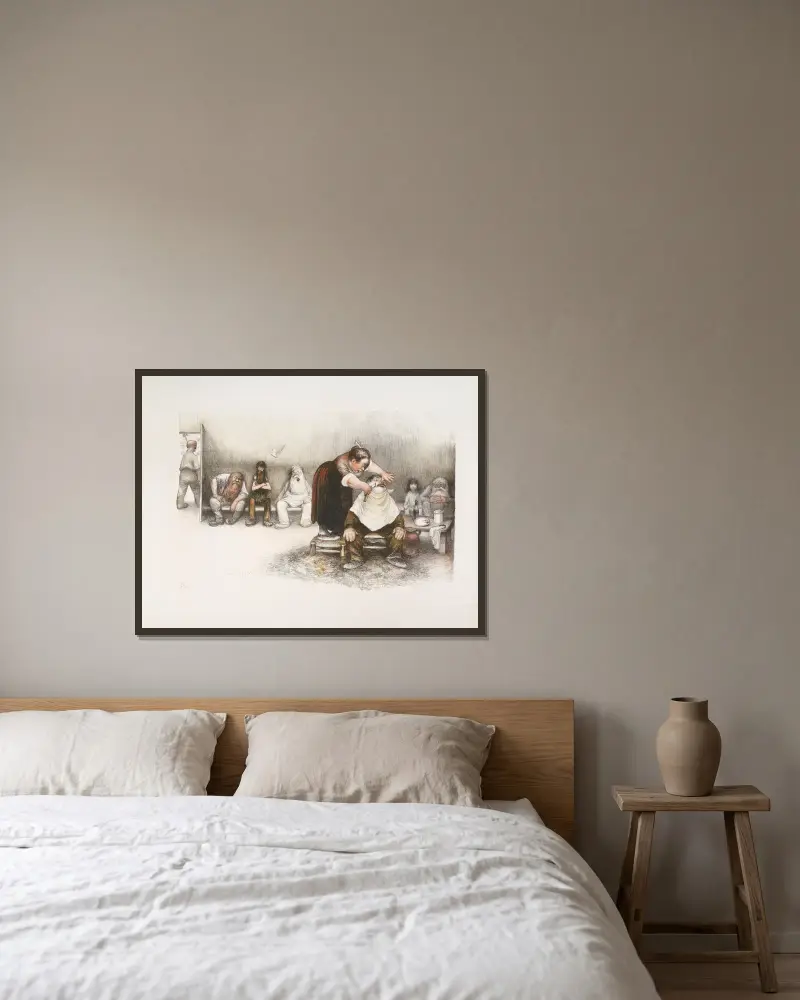 Die Barbierstube von Jean Veber gerahmt an einer Wand