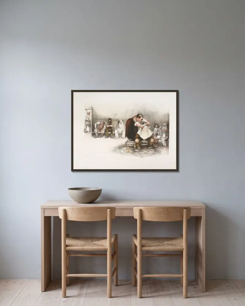 Die Barbierstube von Jean Veber gerahmt an einer Wand