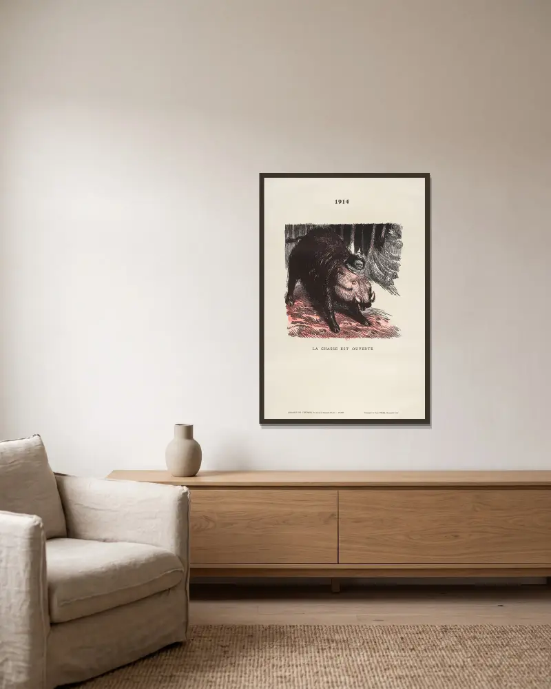 Die Jagd ist eröffnet von Jean Veber gerahmt an einer Wand