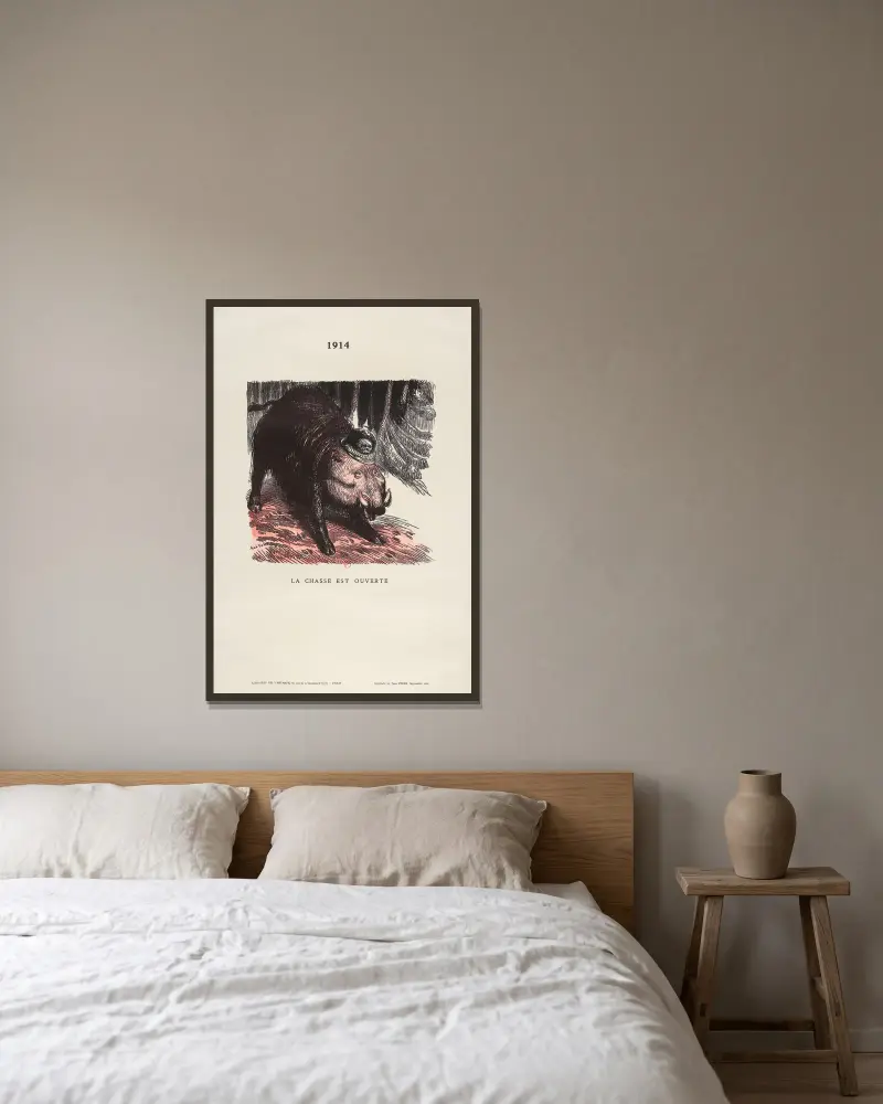 Die Jagd ist eröffnet von Jean Veber gerahmt an einer Wand