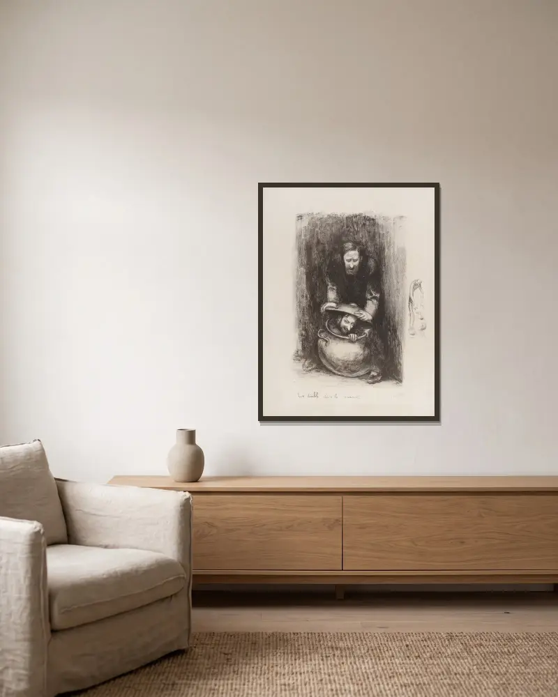 Der Teufel im Kochtopf von Jean Veber gerahmt an einer Wand