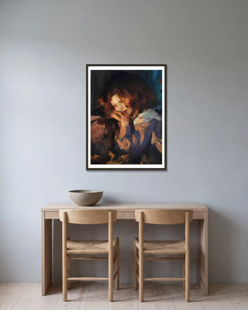 Kitty ve světle ohně, James Jebusa Shannon v rámu na stěně