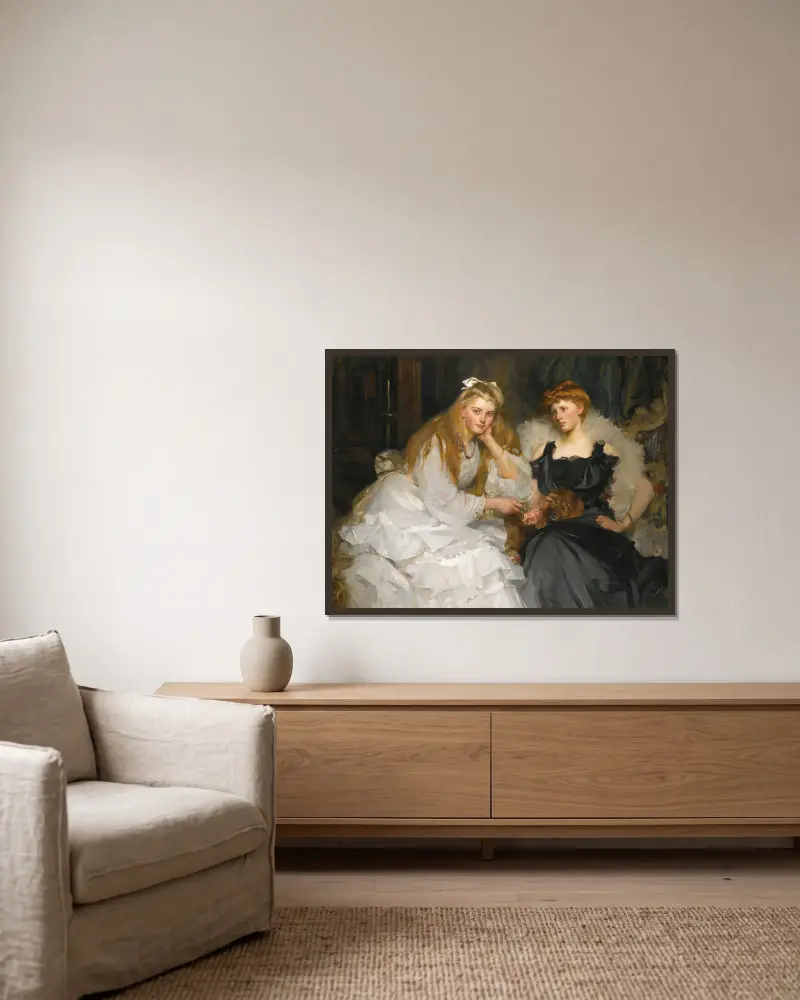 Porträtt av Lorna och Dorothy Bell, döttrar till W. Heward Bell, Esq. av James Jebusa Shannon inramad på en vägg
